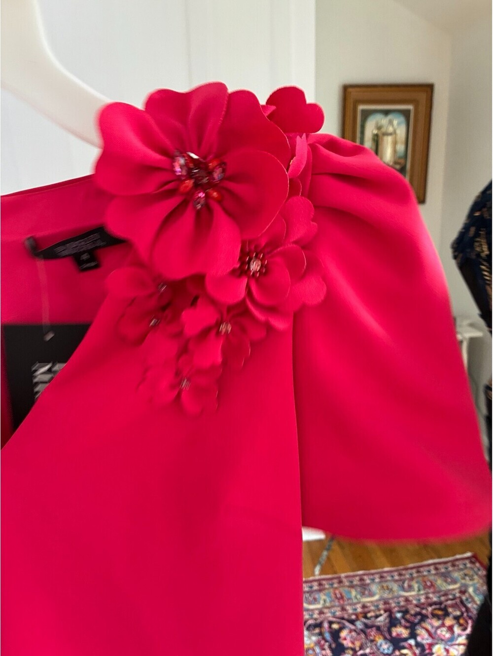 Badgley Mischka 3D Floral Beaded Shoulder Puff Sleeve  Applique Midi Dress Red 4 - Picture 5 of 7